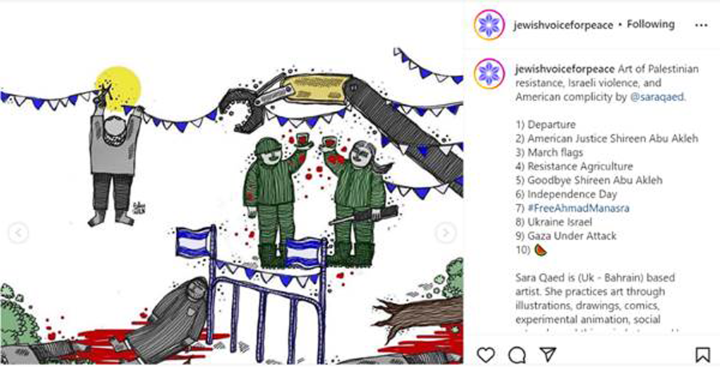 A screenshot from a 2022 post by JVP with a cartoon depicted Israeli soldiers joyously drinking the blood of dead Palestinians.