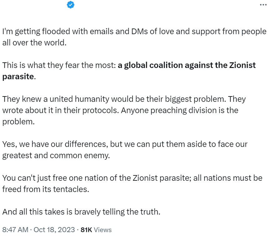 Dehumanizing language targeting Zionists as a “parasite” which was amplified by X/Twitter’s Twitter Blue feature.