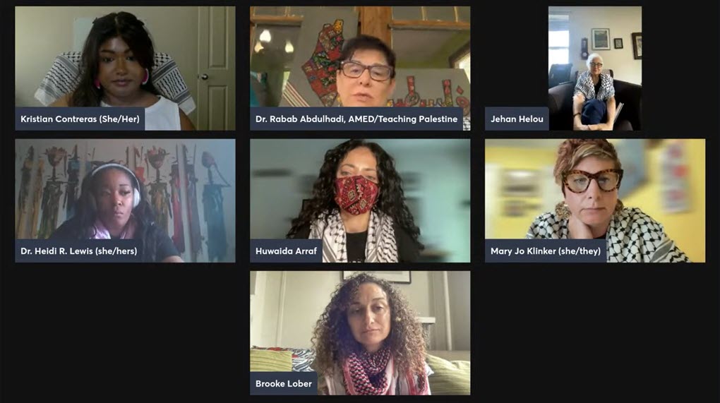 Rabab Abdulhadi, Brooke Lober,&nbsp;Huwaida Arraf, and other panelists speak on the Nakba Day webinar hosted by Arab and Muslim Ethnicities and Diasporas Studies (AMED) at San Francisco State University (SFSU) on May 15, 2024. (source: YouTube)
