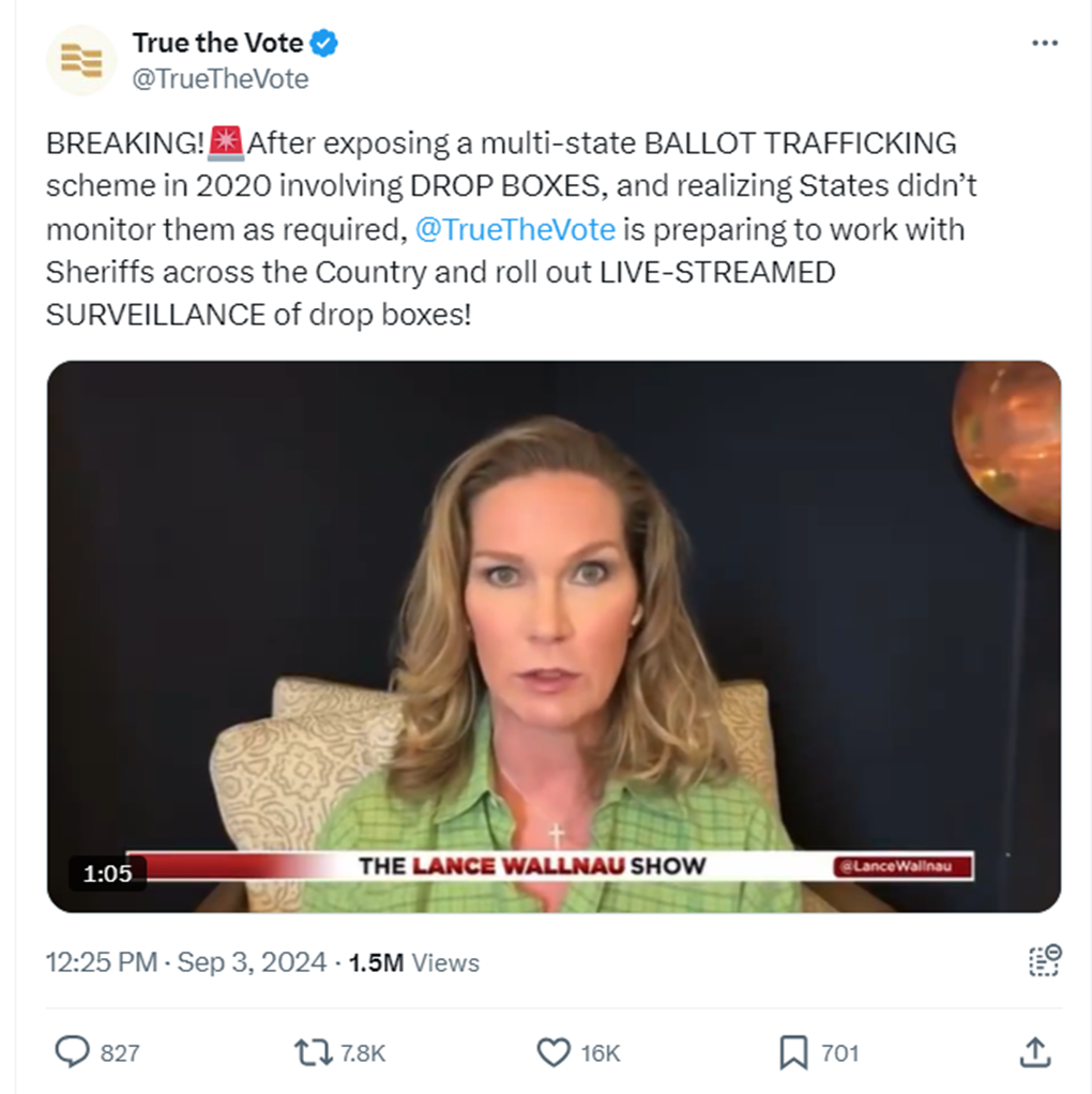 Self-described “election integrity” group&nbsp;True the Vote promotes surveillance of drop boxes ahead of the 2024 election