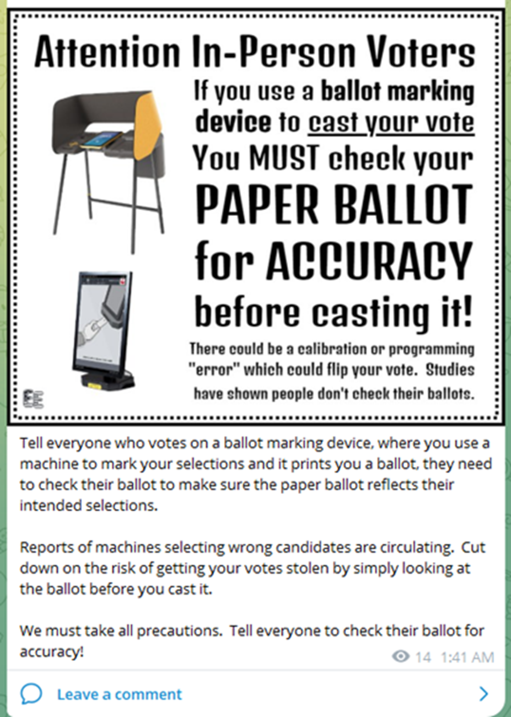 A post on Telegram warns of voting machines&nbsp;“flipping votes” ahead of the November 2024 election. (Source: Telegram)