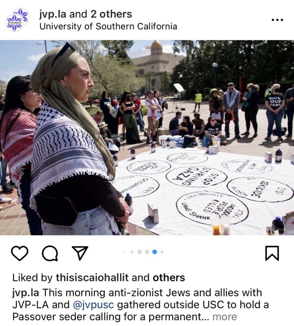 A screenshot of a JVP LA post showing the ‘Seder’ plate with backward Hebrew