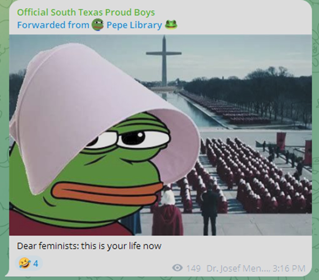 A meme shared by the South Texas Proud Boys channel depicting Pepe as a handmaid from The Handmaid’s Tale