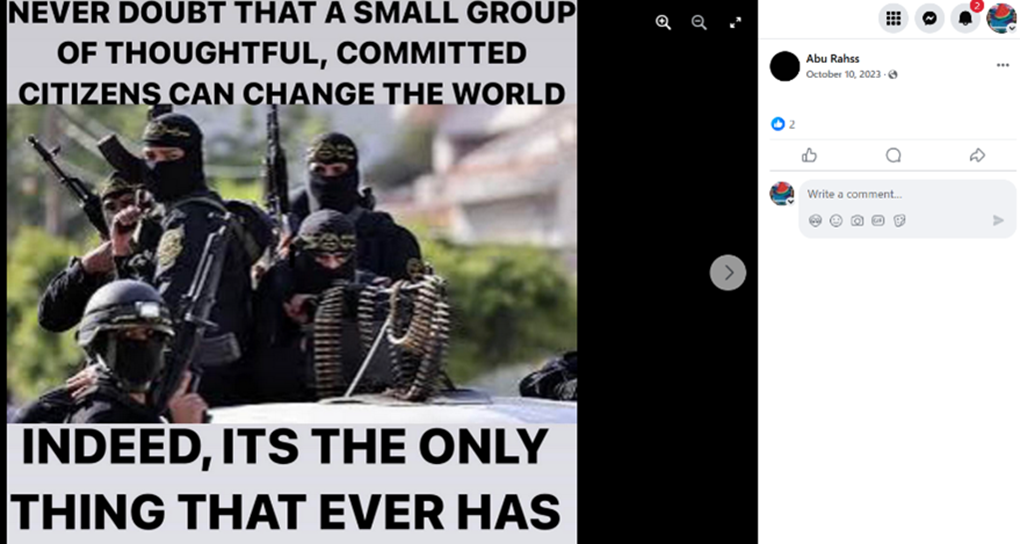 A post from Aburdene's Facebook page depicting Hamas terrorists as heroes.