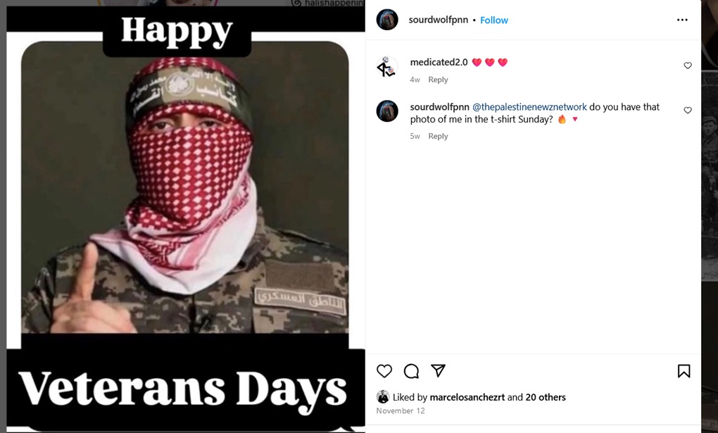 An Instagram post by David Wolf reading “Happy Veterans Day” with an image of Hamas spokesperson Abu Obeida