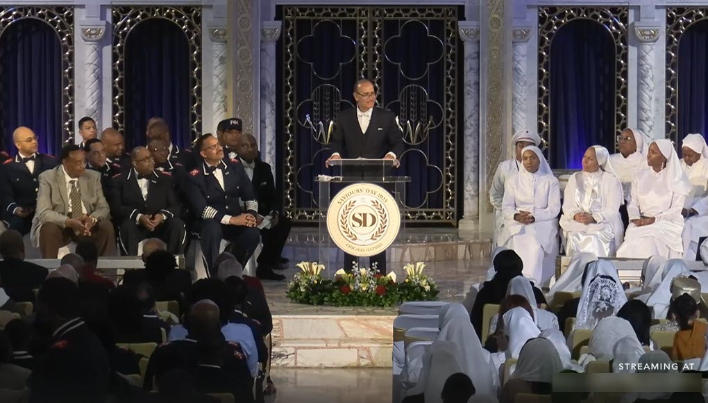 Ishmael Muhammad speaks from the rostrum inside Mosque Maryam while delivering the 2025 Saviours’ Day keynote address on February 23, 2025.