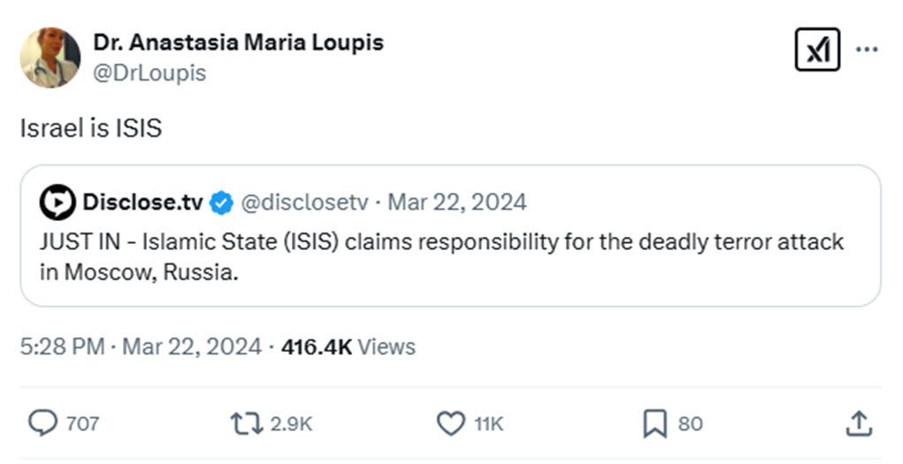 Anti-Zionist influencer Anastasia Maria Loupis equates Israel to ISIS in a March 2024 post on X