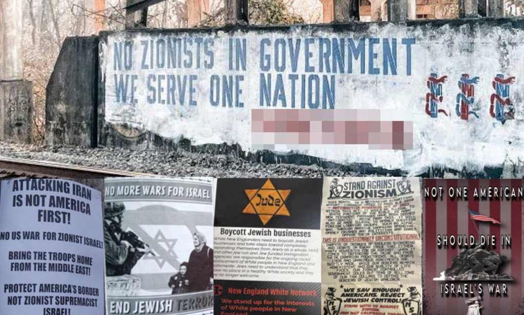 A collage of antisemitic and anti-Zionist white supremacist propaganda