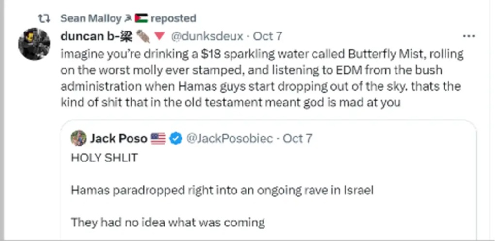 An ICSZ member retweets an X post downplaying the October 7 attack 