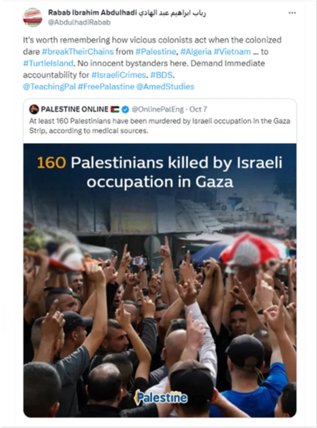 ICSZ founding member Prof. Rabab Abdulhadi publishes X post defending the October 7 violence.
