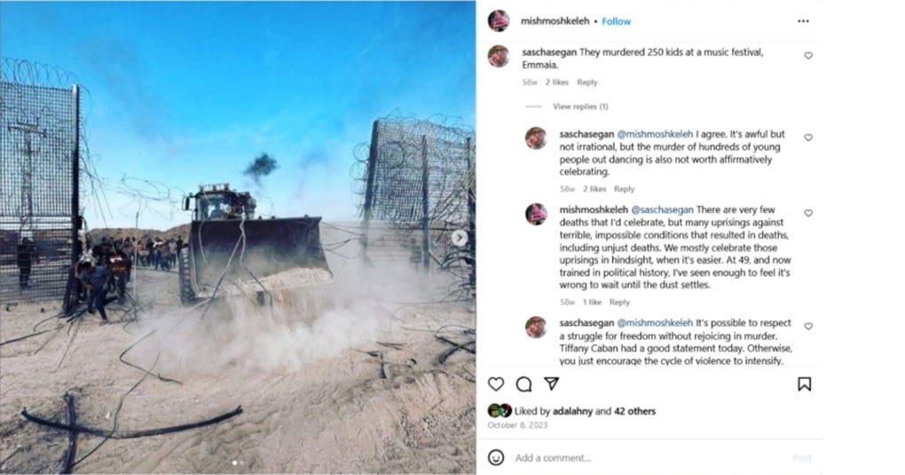 ICSZ Director Emmaia Gelman publishes a celebratory post on Instagram on October 8 with images of Hamas bulldozing through the Israel-Gaza border.