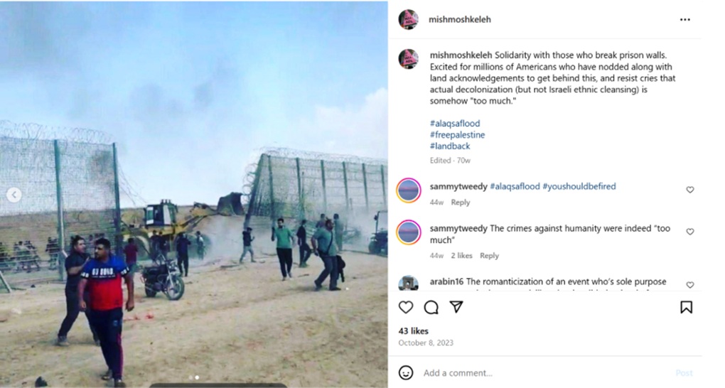 ICSZ Director Emmaia Gelman publishes a celebratory post on Instagram a day after October 7 with images of Hamas bulldozing through the Israel-Gaza border.
