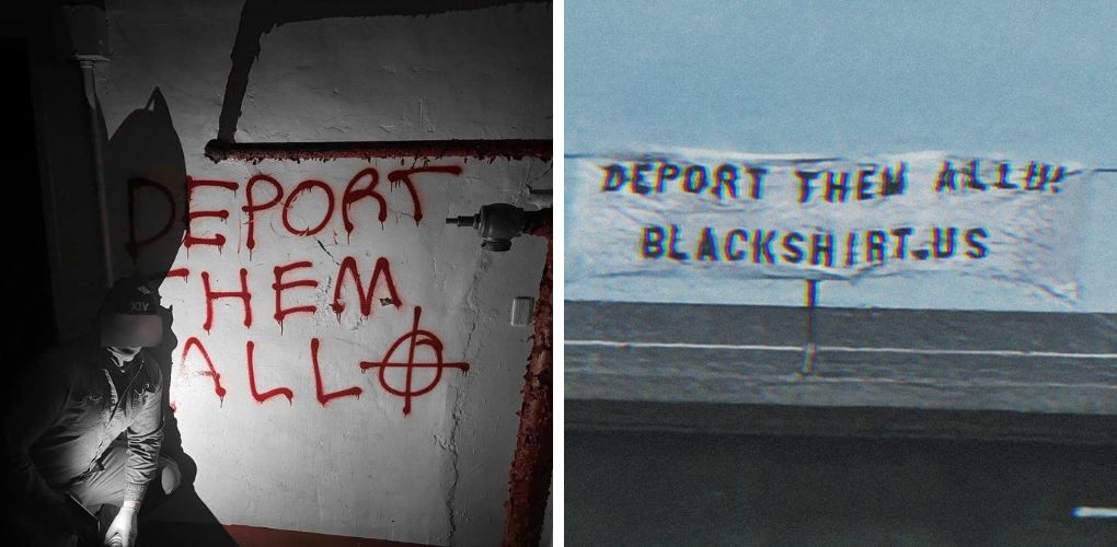 Left: American Blackshirts graffiti reading, 'Deport them all,' with the Celtic Cross, December 2024. Right: ABM “Deport them all” banner, unknown location in Kansas, March 2025
