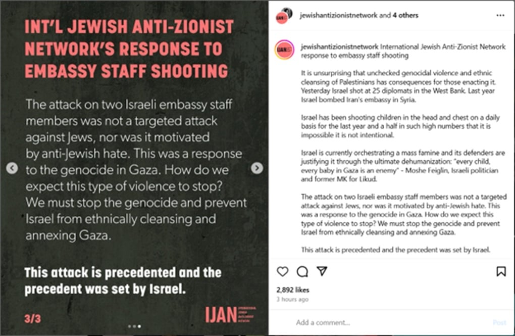The statement posted by the International Jewish Anti-Zionist Network (IJAN) blaming the D.C. murders on Israel