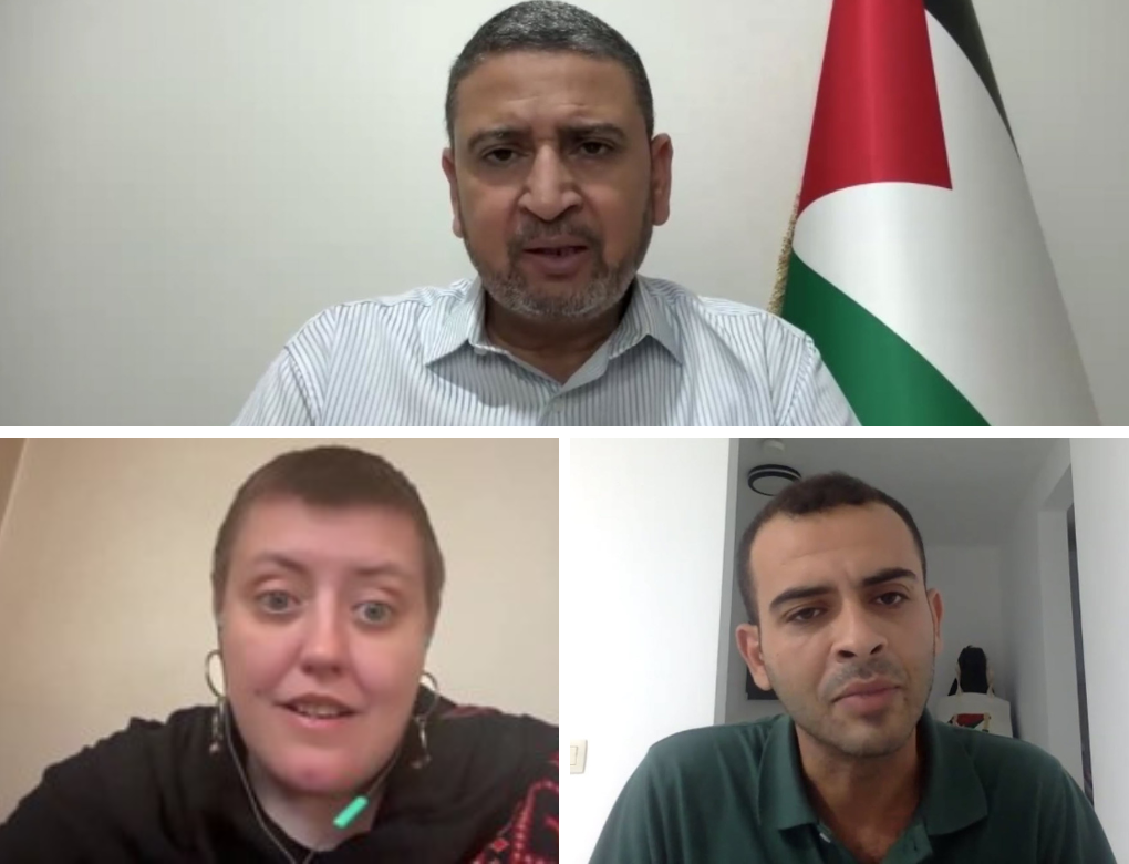 A September 7, 2024, webinar featuring senior Hamas leader Sami Abu Zuhri (top), Charlotte Kates (left), Masar Badil Executive Committee member Mohammed Khatib (right), and Khaled al-Raheb (not pictured)