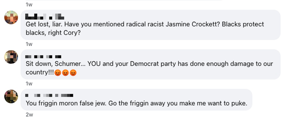 A screenshot of comments on a Facebook post published on Senator Chuck Schumer's profile