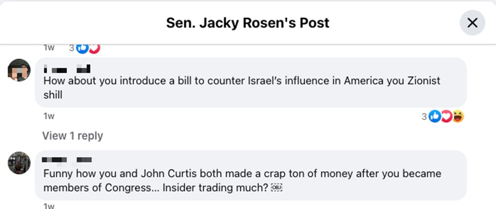 A user uses the word 'Zionist' as a slur on a Facebook post to Senator Jacky Rosen's page