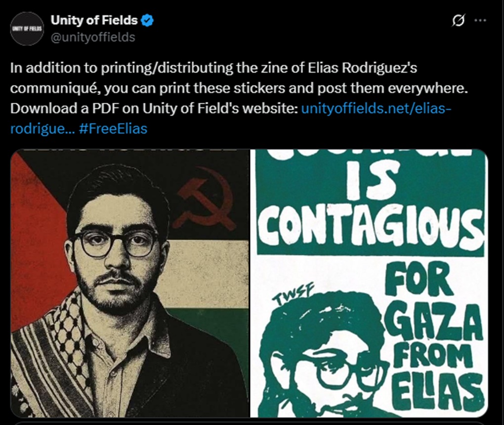 Twitter screenshot of Unity of Fields stickers endorsing violence