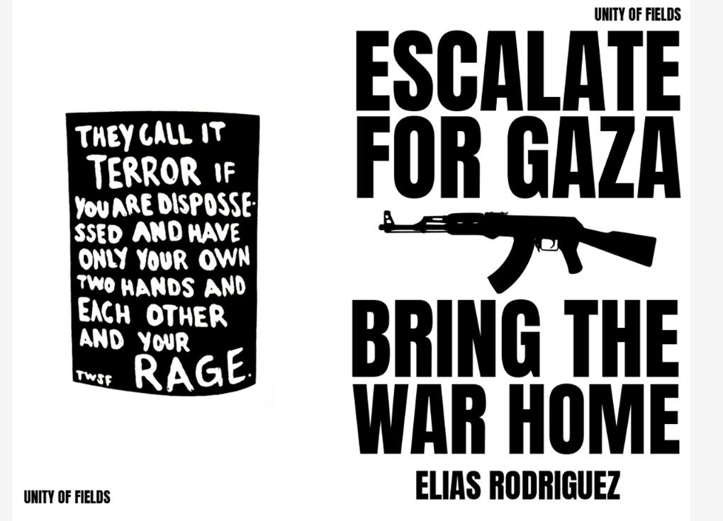 The cover of a Unity of Fields zine based on the alleged manifesto of the suspect in the fatal shooting of two Israeli Embassy staffers attending an event at the Capital Jewish Museum in D.C