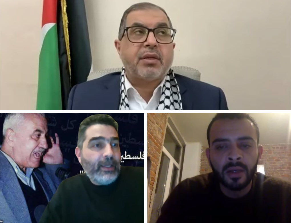 A February 27, 2024, webinar featuring U.S.-sanctioned Specially Designated Global Terrorist (SDGT) and Hamas International Relations leader Dr. Basem Naim (top), Masar Badil Executive Committee member Mohammed Khatib (right) and Masar Badil member Khaled al-Raheb (left)