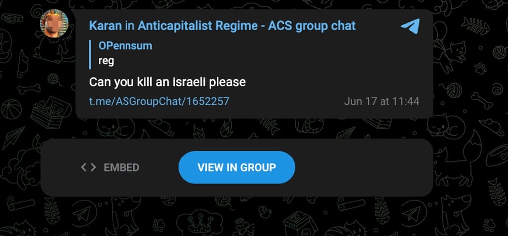 A message on Telegram that reads: "Can you kill an Israeli please"