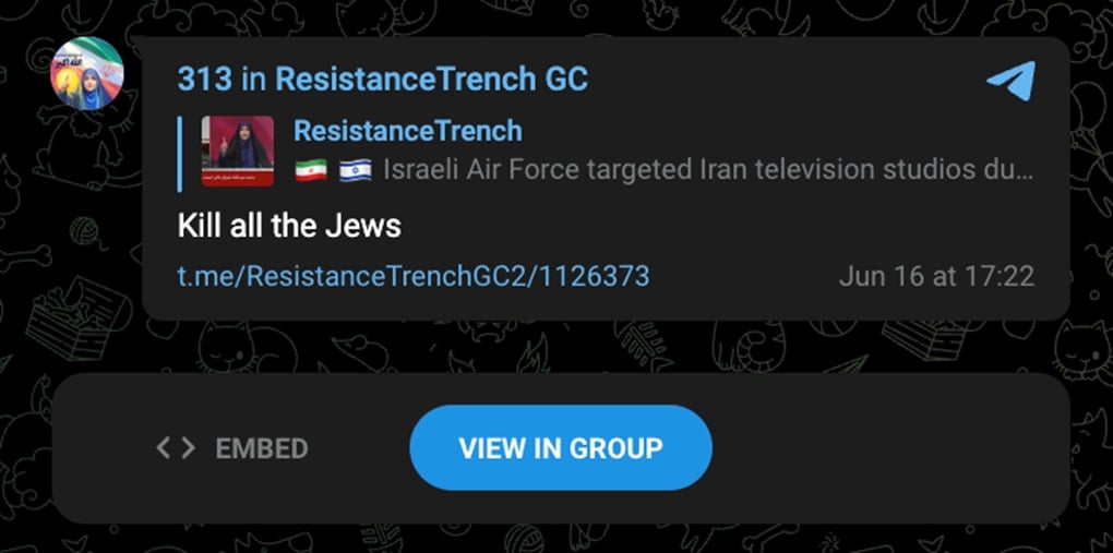 A message on Telegram reading: "Kill all the Jews"