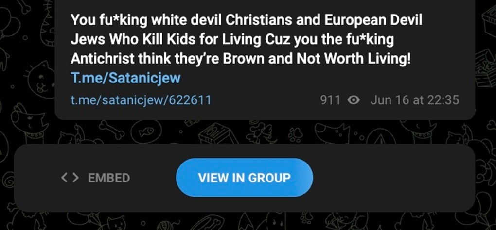 An antisemitic message on Telegram