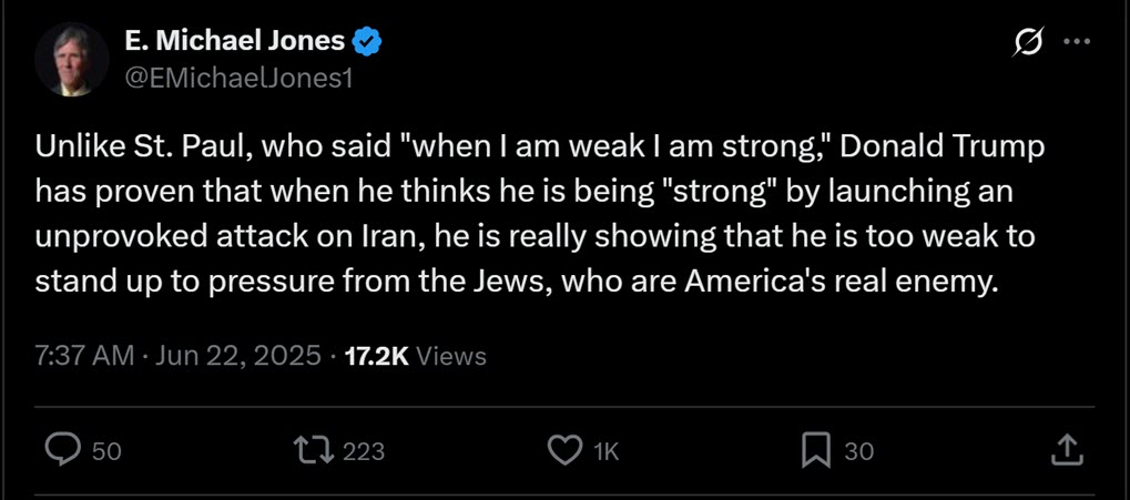 Antisemitic Traditionalist Catholic writer E. Michael Jones tweet