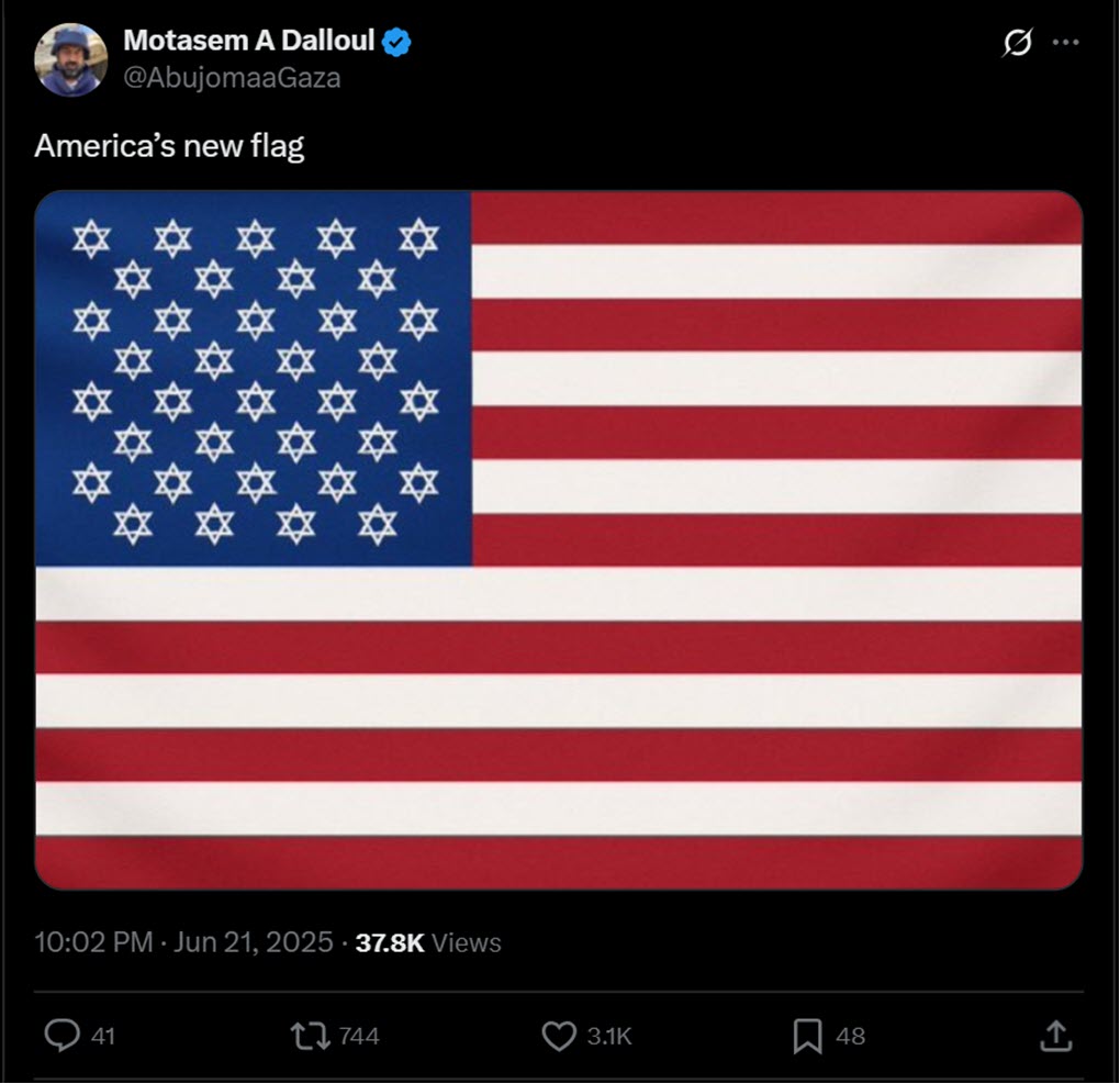 Tweet Motasem A Dalloul graphic of an American flag in which the stars had been replaced by Stars of David