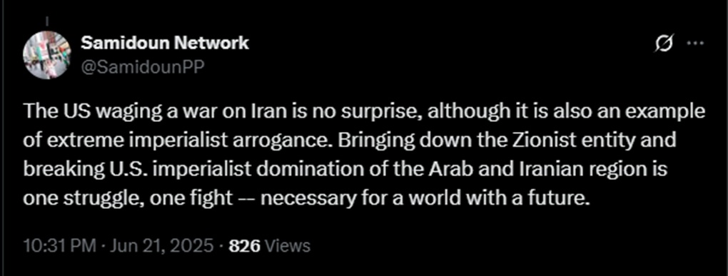 Samidoun X post after US strikes Iran