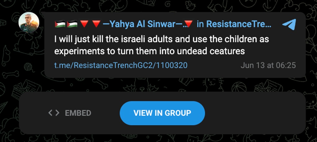 A message on Telegram calling for violence against Israeli adults and kids.