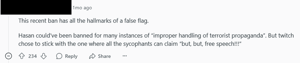 Screenshot from Reddit: Hasan Ban