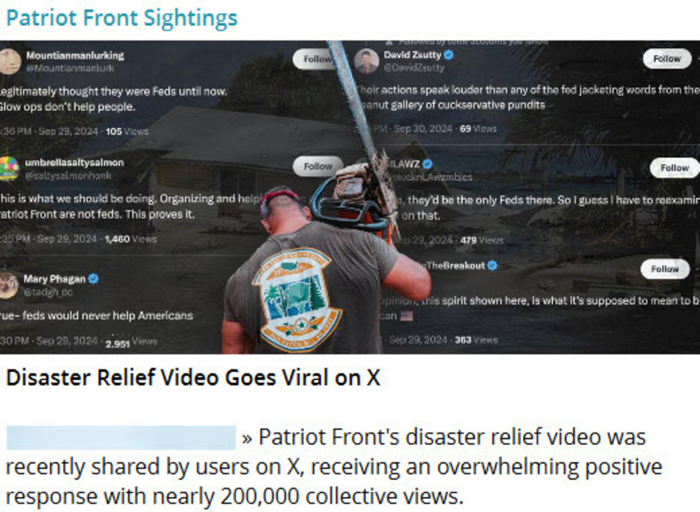 Post of a past Patriot Front video about their disaster relief efforts.