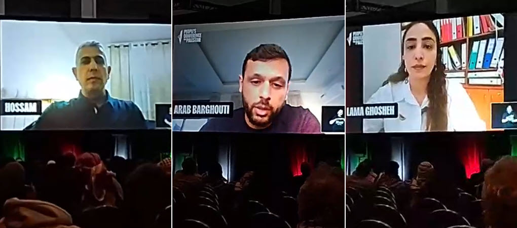 Hossam Shaheen, Arab Barghouti, and Lama Ghosheh speak virtually on a panel during the second annual People’s Conference for Palestine on August 31, 2025