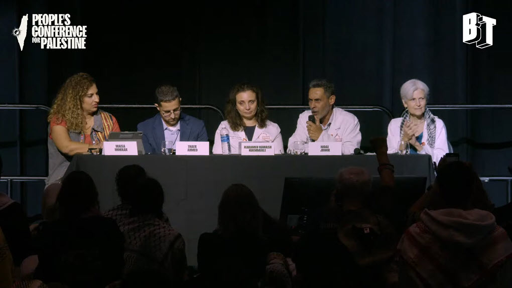 Nidal Jboor speaks on a panel at the second annual People’s Conference for Palestine alongside Maisa Morrar, Thaer Ahmed, Karameh Hawash Kuemmerle and Jill Stein on August 31, 2025