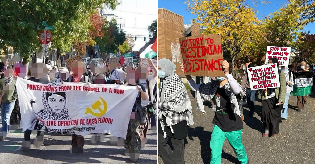 Protesters hold banners and signs glorifying terror and violence at student walkouts in the Seattle area on October 7, 2025