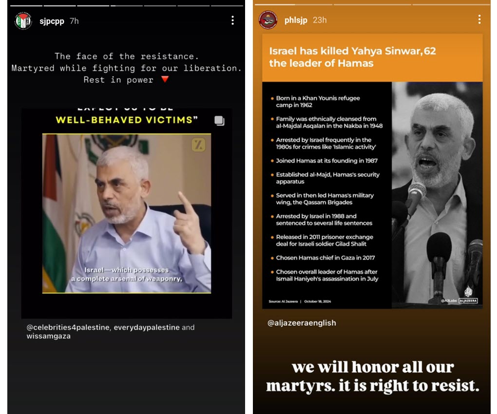 Photo: Examples of social media posts published by anti-Israel student groups.