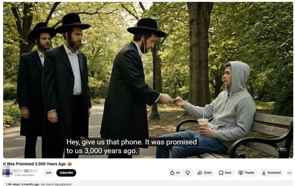 A screenshot from a YouTube video showing AI-generated depictions of visibly Jewish people taking what was “promised to them 3,000 years ago.”