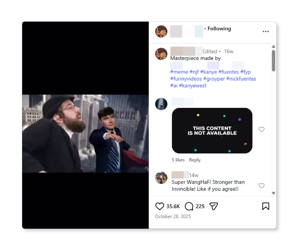 Screenshot: Groyper GAI reel showing Fuentes fighting a group of Orthodox Jewish men. (Screenshot/Instagram)