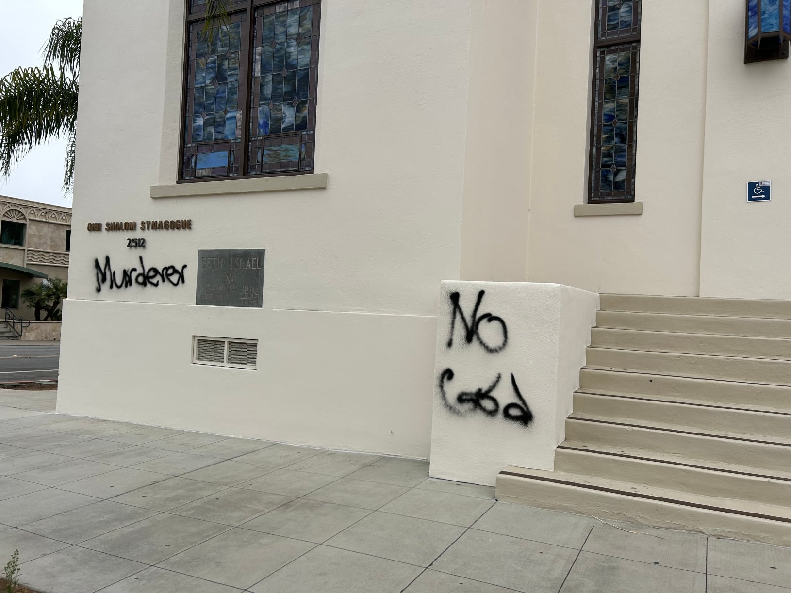 Photo: Ohr Shalom Synagogue in San Diego, California was vandalized with “Murderer” and “No God” spray painted on the building in January 2025. (Courtesy)