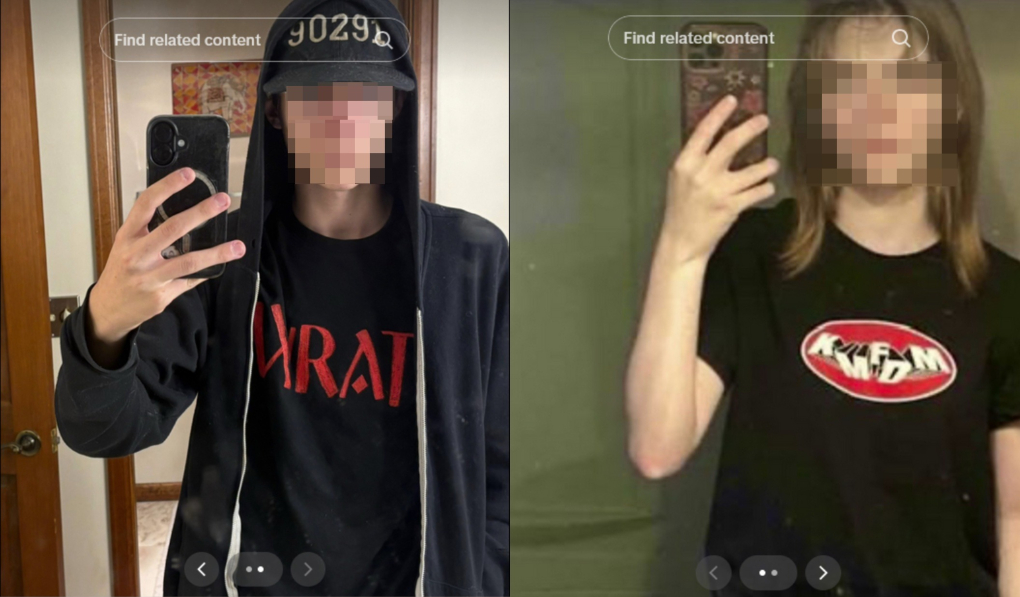 Left: 2025 Evergreen High School attacker Desmond Holly wearing a recreation of the shirt worn by Dylan Klebold during the Columbine shooting. Right: Natalie Rupnow wearing a shirt for the band KMFDM, of whom Klebold and Harris were fans.