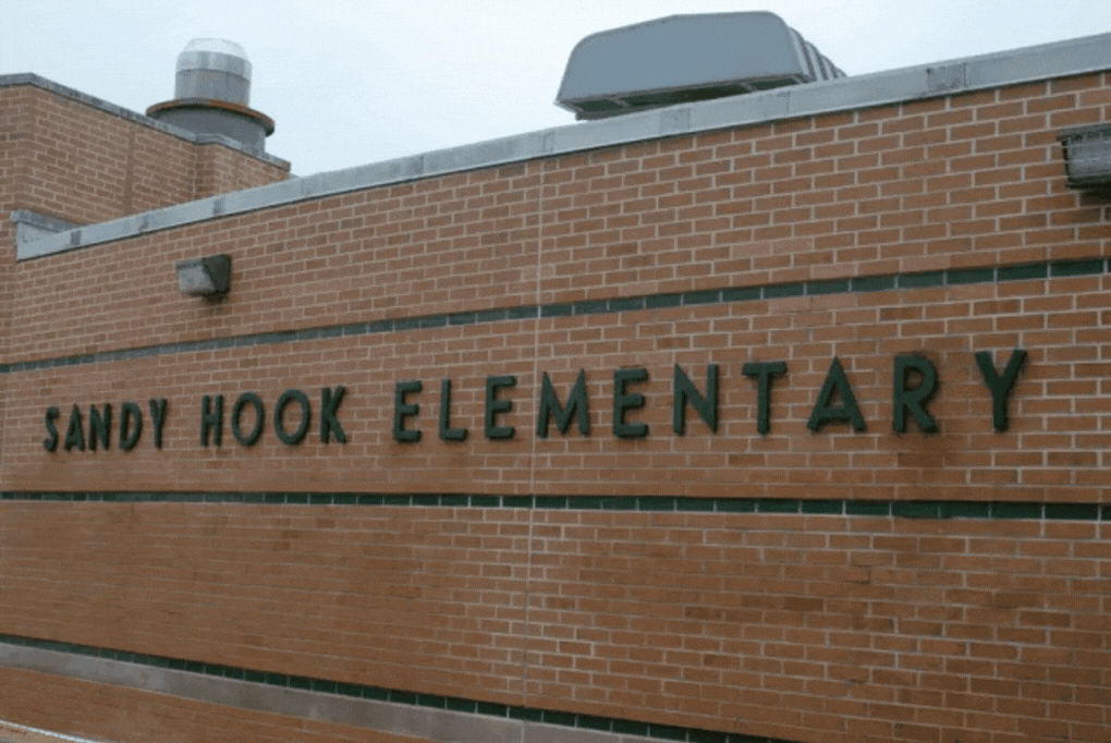 Image from the outside of Sandy Hook Elementary. (Connecticut State Police via Getty Images) Right: Screenshot from a Sandy Hook shooting Roblox game.