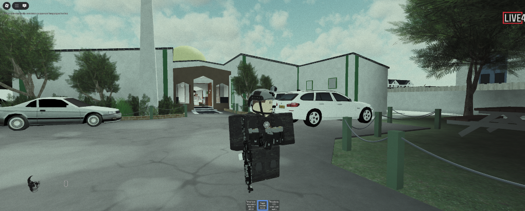 Screenshot from a TCC Roblox game where players control Tarrant during the Christchurch mosque shootings. Both games accurately recreate the gear, weapons and environments of the respective shootings.