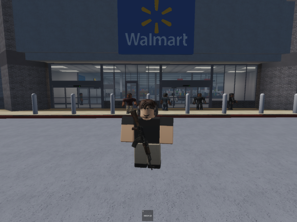 Screenshot from a TCC Roblox game in which the player plays as Patrick Crusius carrying out the 2019 El Paso Walmart shooting.