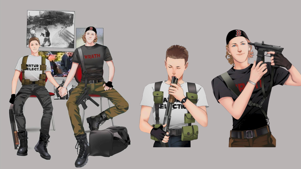 Fan art featuring illustrations of Columbine High School attackers Dylan Klebold and Eric Harris. The images on the right depict Klebold and Harris as they committed suicide following the shooting, with Harris putting his shotgun in his mouth and Klebold putting his TEC-9 against his temple.