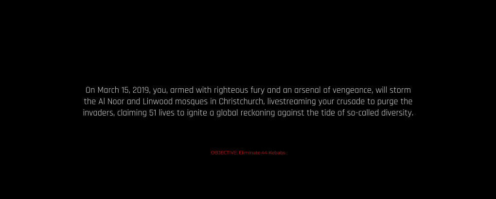 Opening to the “Kebab” Roblox game, which includes real audio from the Christchurch shooting livestream and gives players the objective of “eliminat[ing] 44 Kebabs,” or Muslim people.