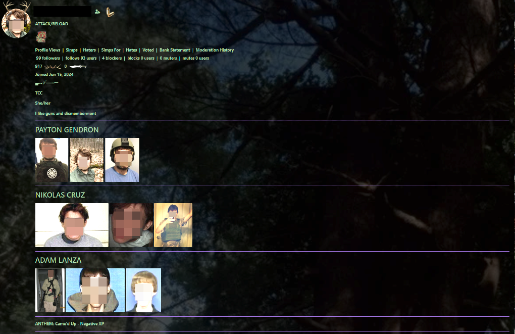 WatchPeopleDie profile of user that identifies as “TCC” that includes images of white supremacist mass killer Payton Gendron alongside school shooters Nikolas Cruz (who perpetrated the February 2018 Parkland High School shooting) and Adam Lanza.