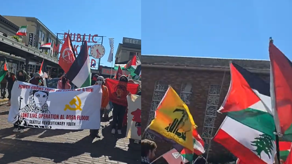 A May 2026 Nakba Day rally, co-sponsored by DSA Seattle and other groups, featured Hezbollah, Hamas, PFLP and Abu Obaida flags