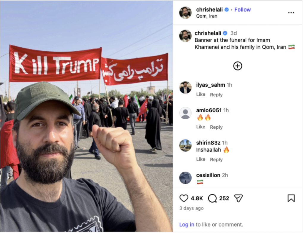 Screenshot: An Instagram post from Christopher Helali on July 7, 2026, featuring a sign that reads "Kill Trump."
