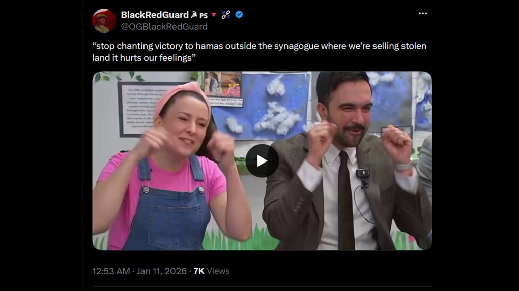 Chris Winston, a member of DSA's International Committee, mocks concern over using rhetoric that glorifies terrorist organizations in a post on X in January 2026.
